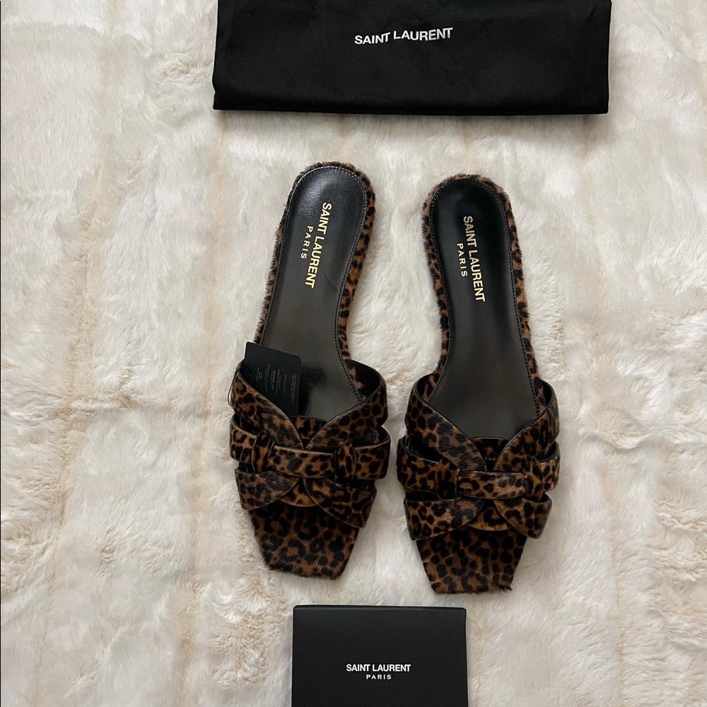 Saint Laurent Leopard-Print Knotted Slide Sandals - Brown/Black - Picture 9 of 9